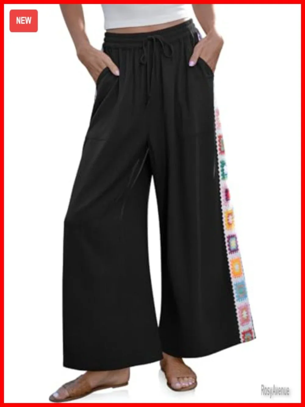 Wide Leg Linen Pants Casual Drawstring Lounge Palazzo Crochet Panel Pocket